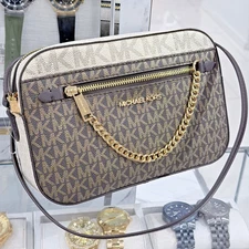 Michael Kors Jet Set Item Large MK Signature Logo Crossbody Bag Brown Multi