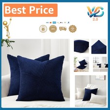 Blue Corduroy Throw Pillow Covers 12x12 Inch Set of 2   Farmhouse Boho Style