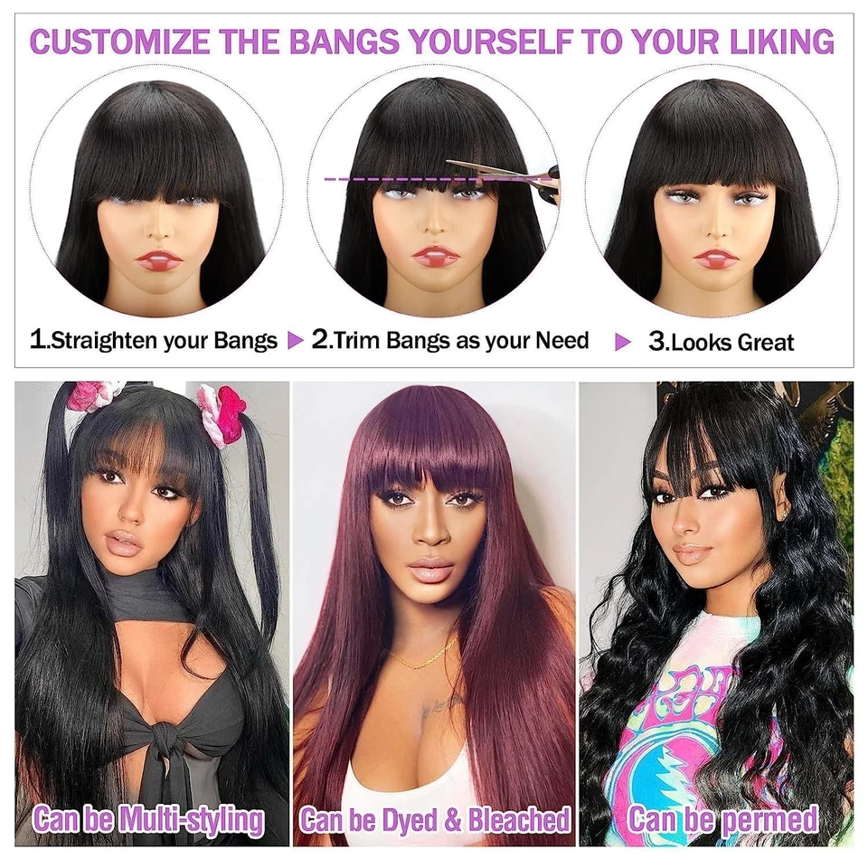 Straight Human Hair Wigs with Bangs 2x1 Lace Wigs with BangsHuman Hair Wig - Image 4 of 4