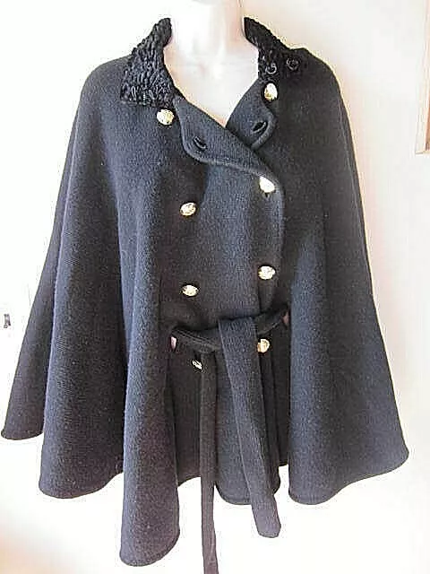 Lauren Ralph Lauren S/M Black Lambswool Cape Poncho~Gold Buttons~ Belted~Mouton