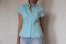 90s Blue shirt with short sleeve, Vintage minimalist blouse, Classic formal