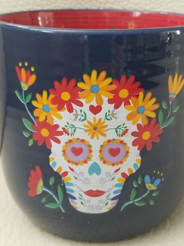 Halloween Day of Dead Coffee Mug Blue/Red Floral Design 16oz cup - Picture 2 of 11