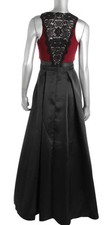 AQUA ~ Black Satin Burgundy Bodice V-Neck Lace Back Formal Gown 4 NEW $308