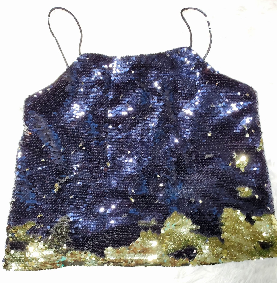 H&M Womens Tank Top Black and Gold Sequined Front Dressy Designer Size