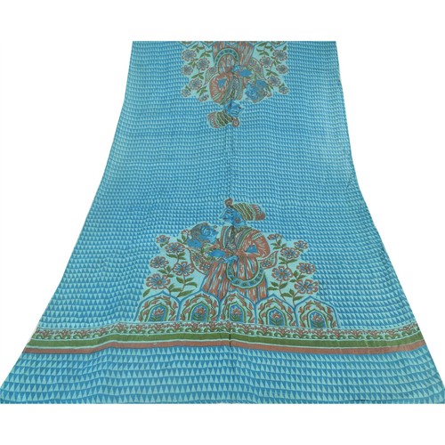 Sanskriti Vintage Blue Dupatta Long Stole Pure Tussar Silk Printed Wrap Scarves - Picture 8 of 11