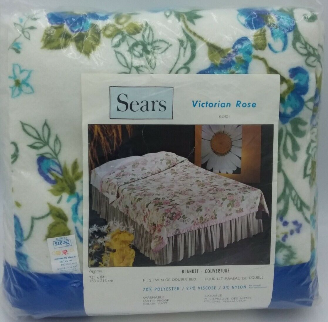 Sears Victorian Rose Twin Double Floral Blanket Satin Trim 72