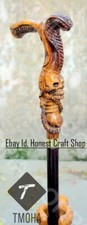 Hand Carved Wooden Snake Handle Walking Stick Hand Walking Cane Cobra  Skull A