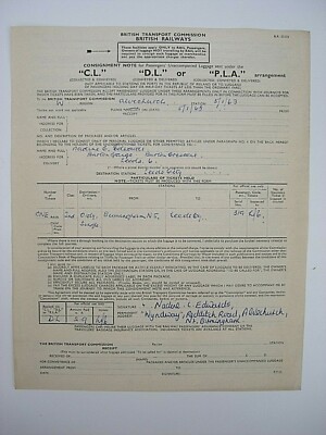 BR Frachtbrief DL unbegleitetes Passagiergepäck B'ham / Leeds City 1963