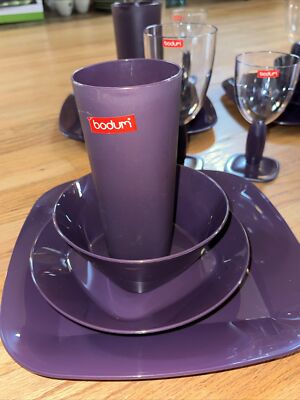 VTG BODUM 24 PIECE PLASTIC PLACE SETTINGS EGGPLANT PURPLE MADE IN