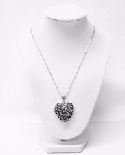 Fancy Antique Silver Heart Locket w/Flower Pendant Necklace 23" 