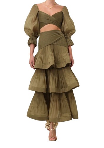 Zimmermann Pleated Bodice | Olive/Khaki Green, Cropped, Plisse, Puff Sleeves - Picture 3 of 4