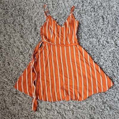 Forever 21 Rust Orange White Striped V-Neck Mini Dress SizSmall Tie Waist Summer