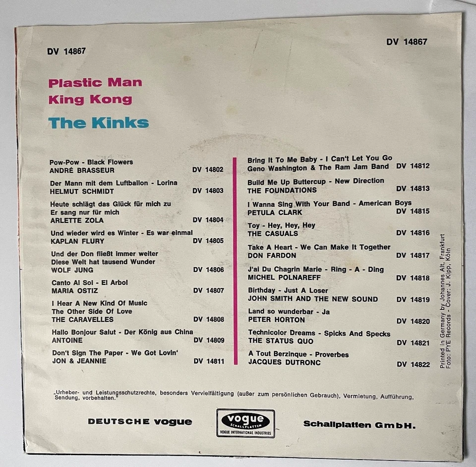 The Kinks : 1969 German Pye Records PS 45: Plastic Man / King Kong _NM / EX - Image 4 of 4