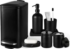 Black Bathroom Accessories Set, 7 Pcs Matte Black Bathroom Accessory Set with Tr