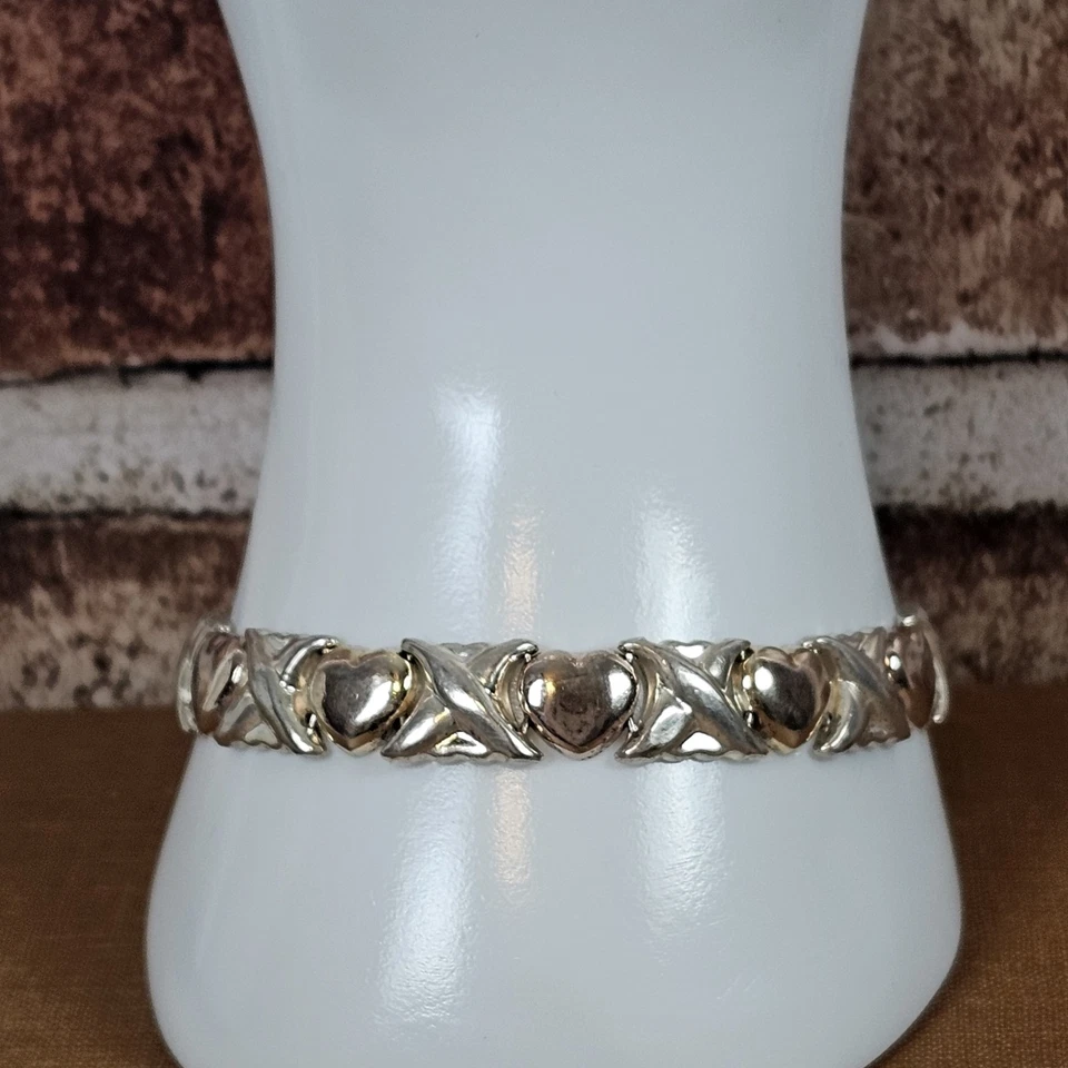 Pulsera Italia IBB 925 Plata de Ley y Oro Tono Corazón Eslabones 7.25" 10mm Foto 2 de 4