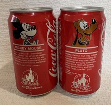 Walt Disney World Coca Cola Mickey Mouse & Pluto Cans Top Open Empty 15 YEARS