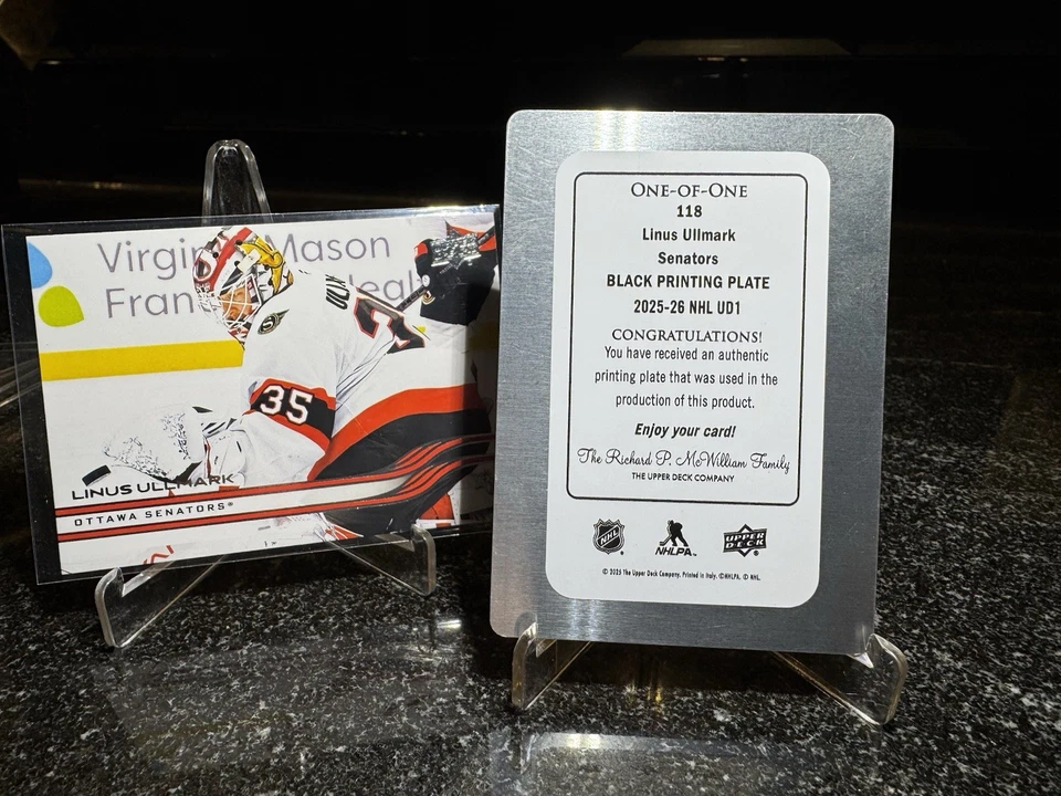 2025-26 Upper Deck Hockey Series 1.  Linus Ullmark Black Printing Plate. 1 of 1 - Image 3 of 4