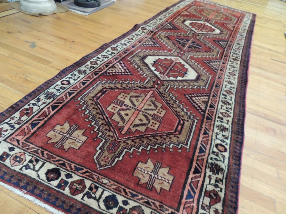 3x11 Herize Kazak WIDE RUNNER Oriental Rug wool Rust Beige Navy Gold - Image 2 of 4