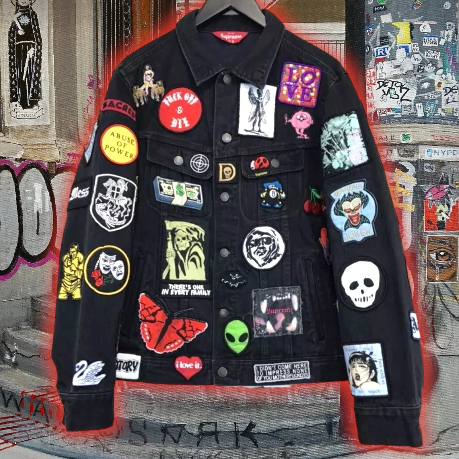 Veste de camionneur en denim noire Supreme Patches (SS18J53) taille homme med