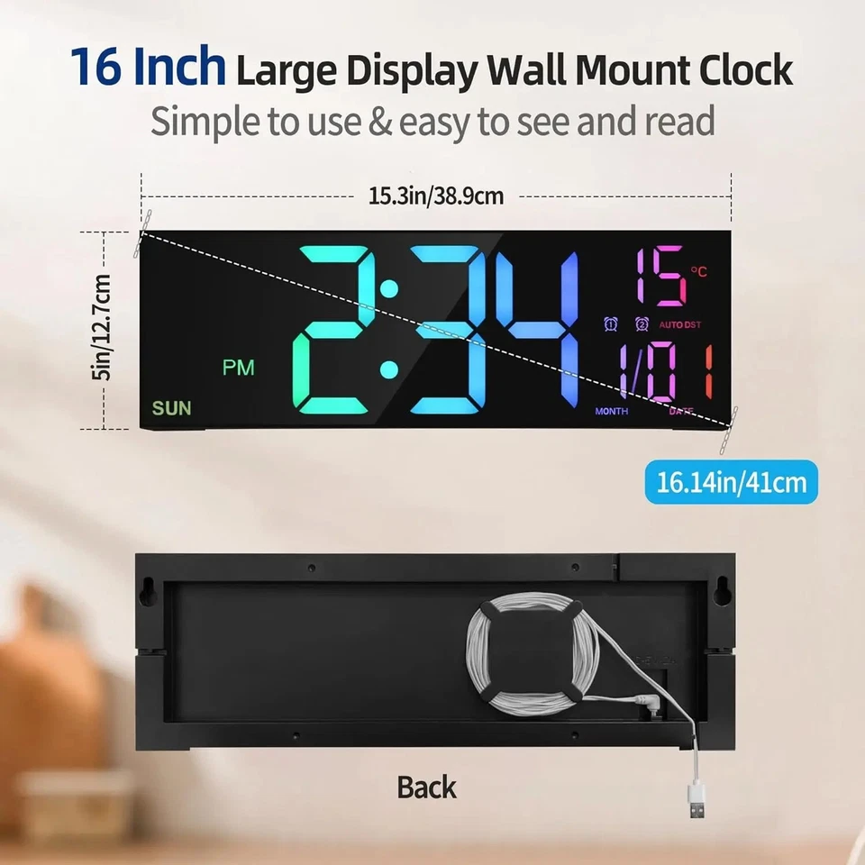 16.2'' Digital Wall Clock Large with Remote LED Big 8 Color Display Alarm RGB 5V - Image 2 of 4