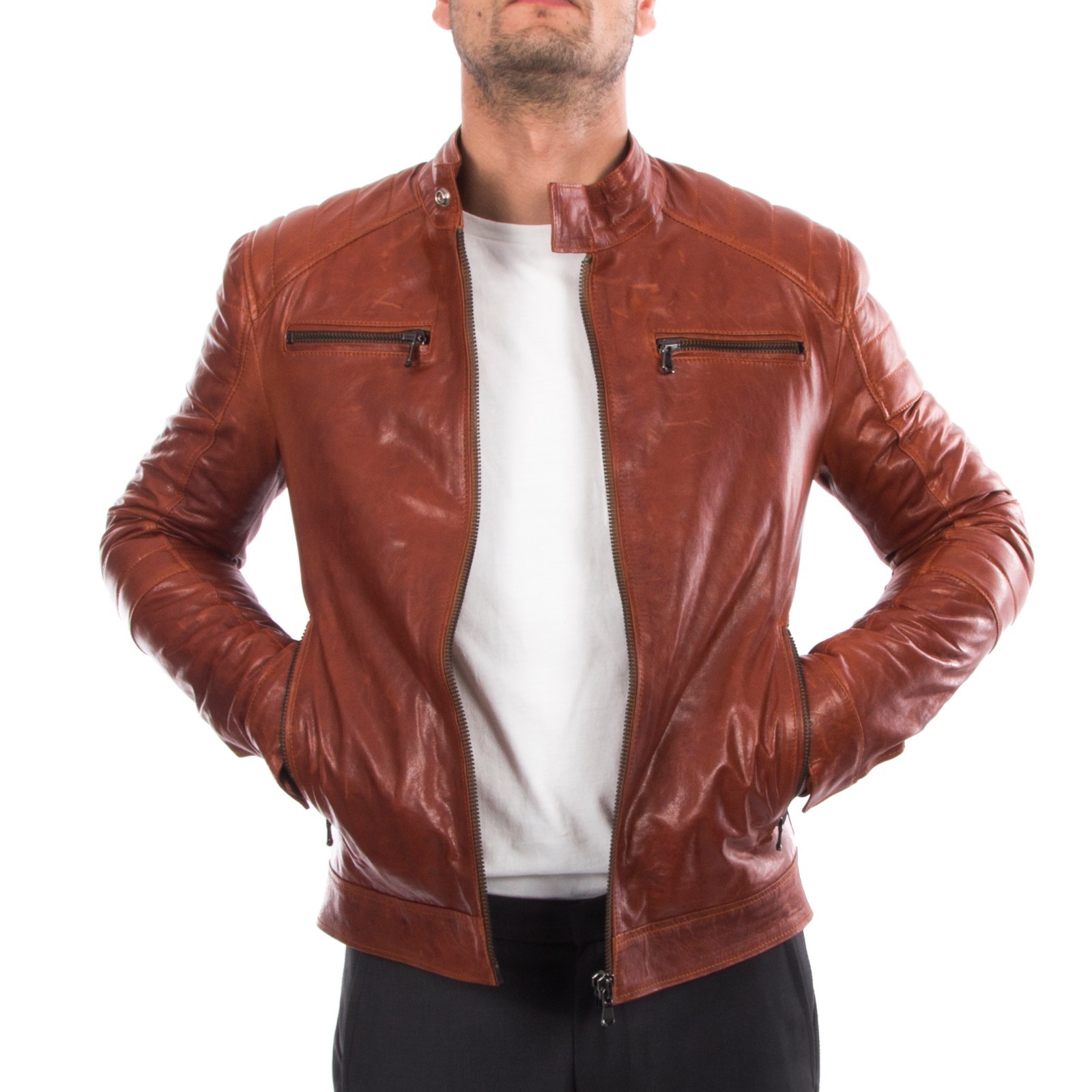 ITALIAN HANDMADE MEN GENUINE LAMB LEATHER JACKET SLIM FIT COGNAC BROWN ANTIQUED image 6
