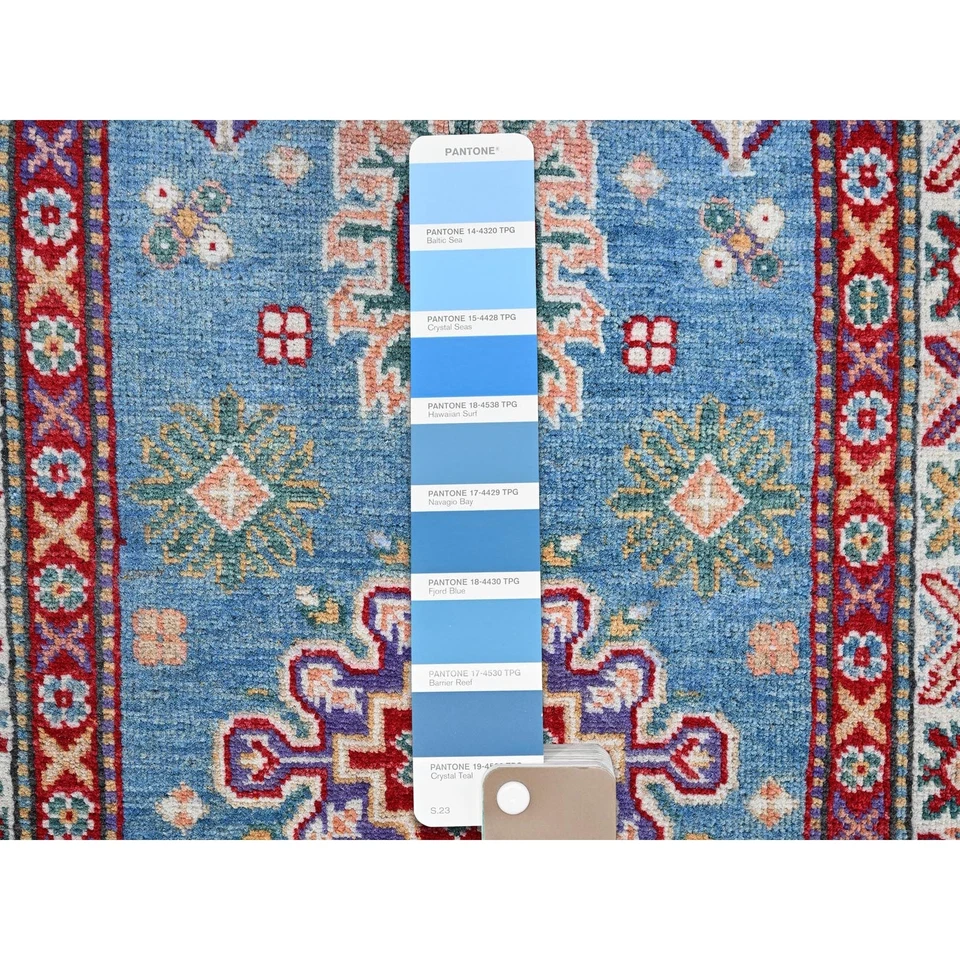 2'8"x6'4" Blue Kazak with Tribal Design Soft Wool Hand Knotted Runner Rug R446 - Image 4 of 4
