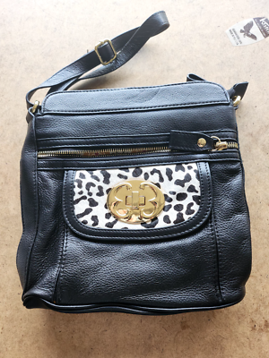 Emma Fox Black Leather CROSSBODY PURSE Handbag Leopard Front  display picture 2