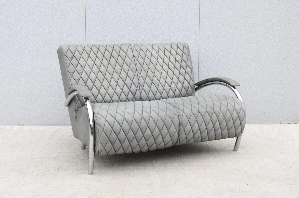 Sofá loveseat o dos asientos de Molinari de cuero y cromo de la Academia Italiana de los años 70 Foto 4 de 4