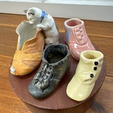 Ceramic Baby Toddler Shoe LOT 4 - Boot w/ Cat Miniature Collection Vintage Metal