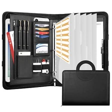 Zippered Portfolio Binder with Carrying Handle Leather Business Portfolio