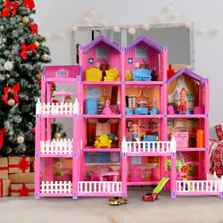 16 Rooms Huge Dollhouse  Doll House Colorful Light with 4 Dolls Gift for Girl