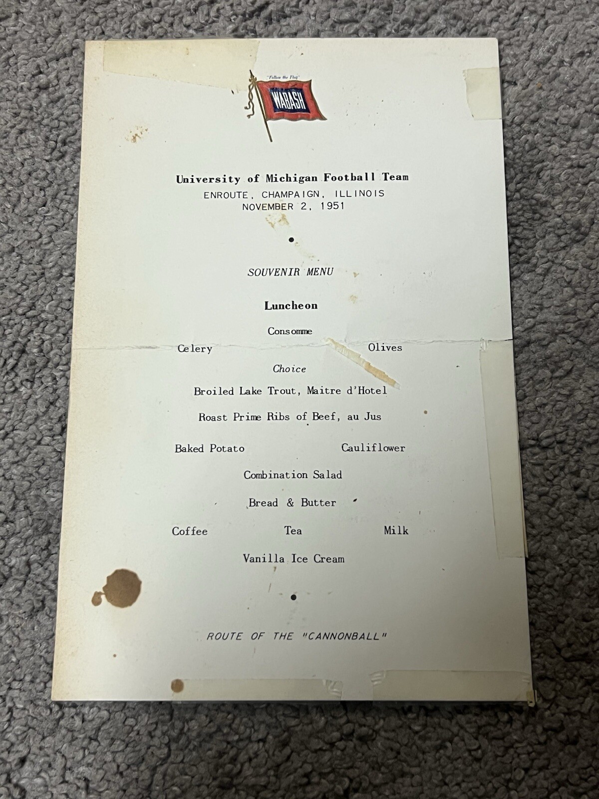 University of Michigan Wolverines football team November 2, 1951 souvenir menu