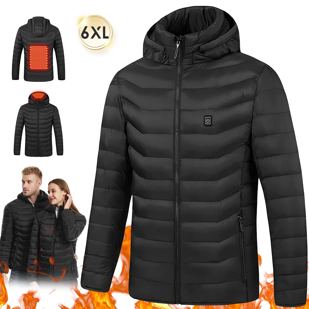 Men Women Heated Puffer Jacket Electric Heating Coat Insulated Hood Windbreaker