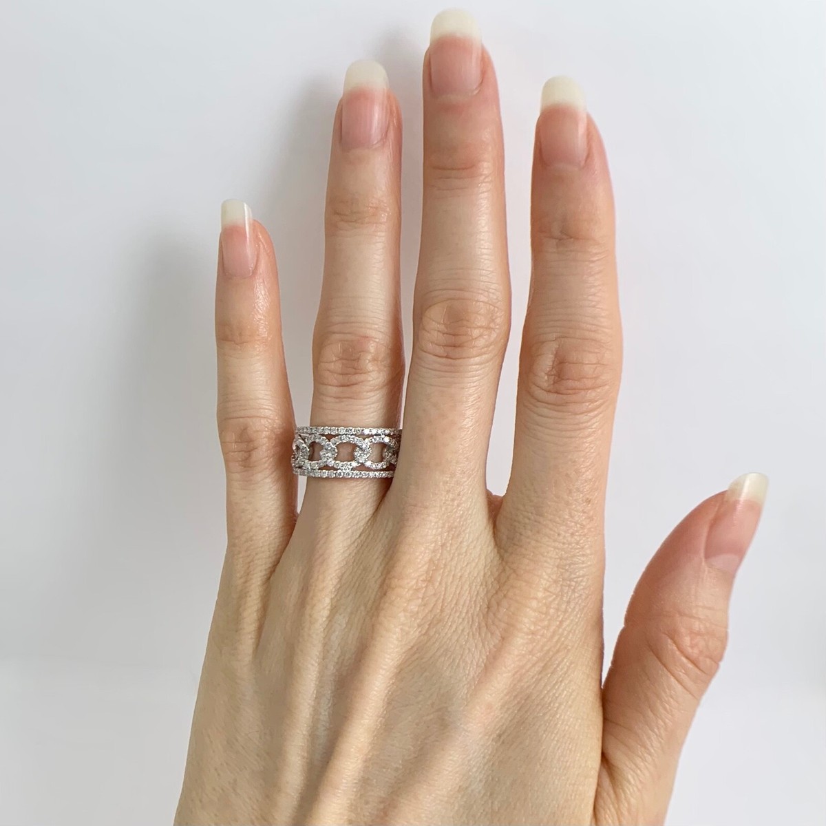 Wide Open Oval Link Pave Diamond Ring Statement Band 14K