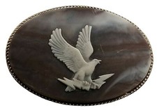 Vintage Belt Buckle Incolay Stone Eagle Carved Gold Tone Brown USA