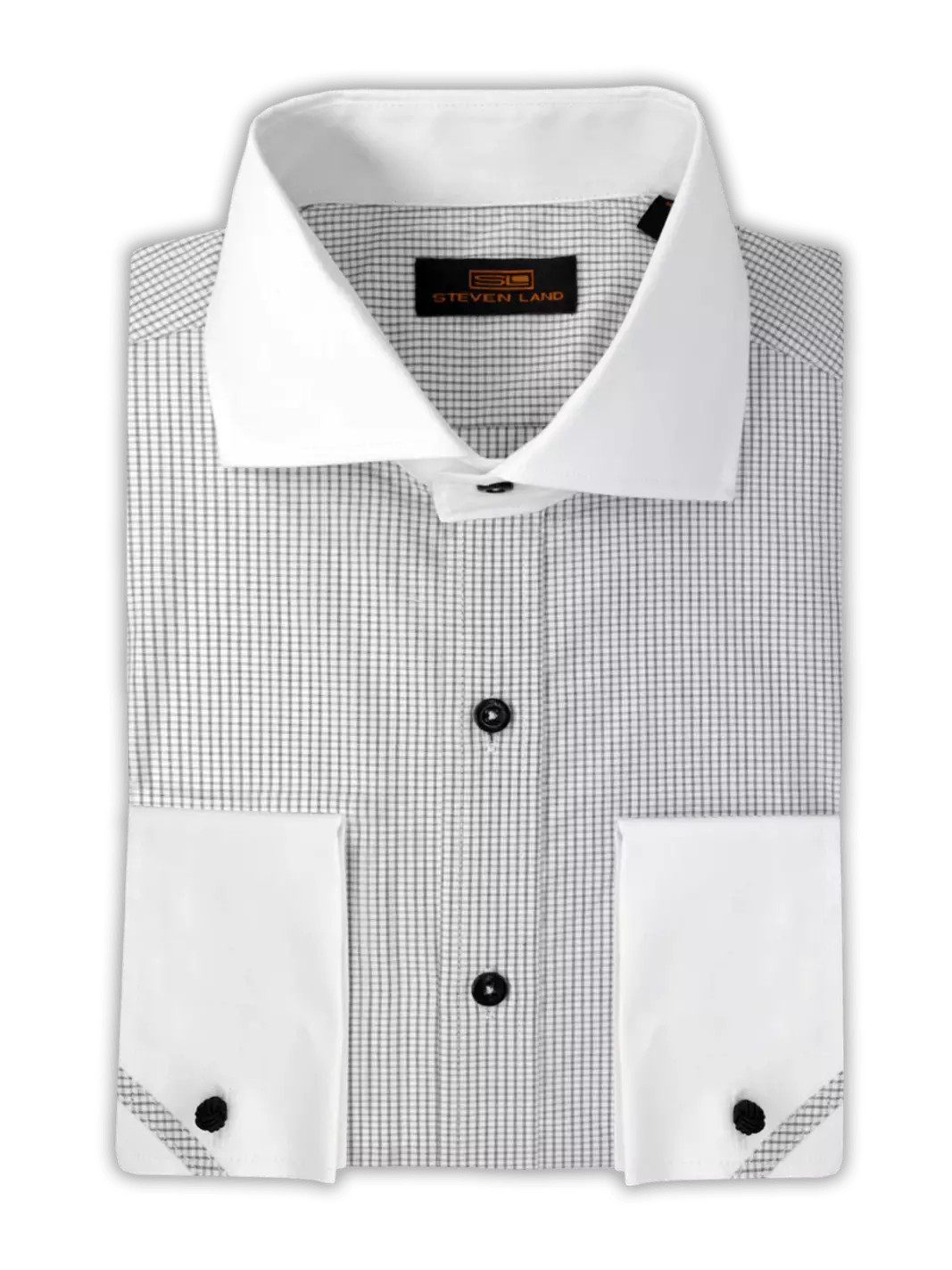 Steven Land Mens Black Check Contrast Collar - French Cuff Cotton Dress Shirt