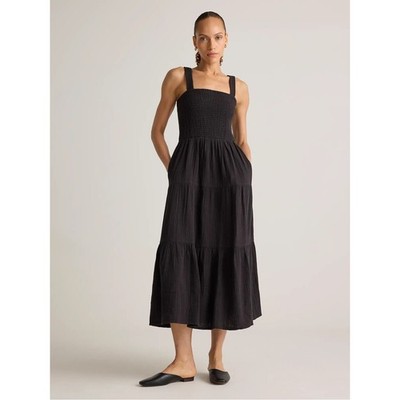 New Quince Gauze Maxi Dress Black Womens Medium Organic Cotton Smocked NWT