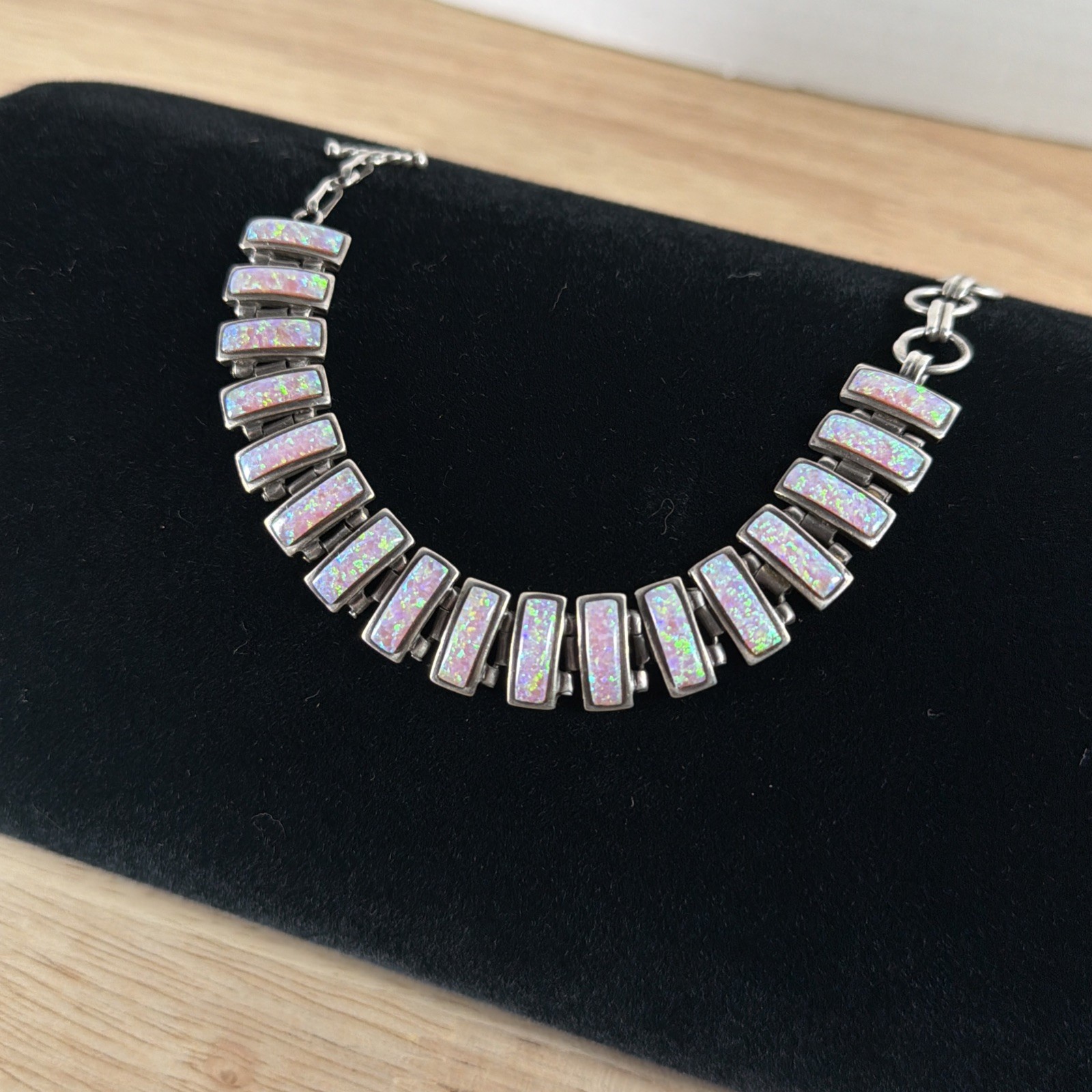 RARE Sanel 925 Sterling Pink Opal Panel Hinged Bracelet Vintage 25g