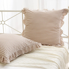 2 Pack Taupe White Plaid Ruffle Square Euro Pillow Shams, 100 Washed Cotton
