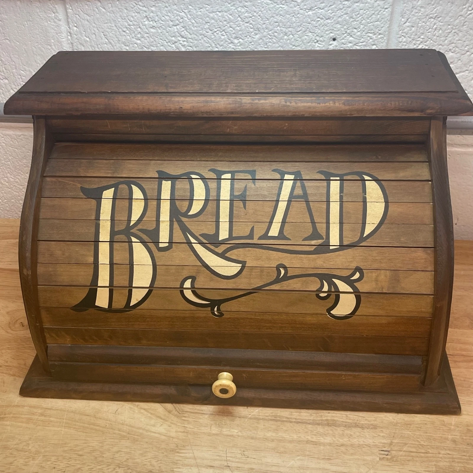 Vintage Bread Box, MCM Roll Top, Dark Wood Finish and Decorative “Bread” Letters