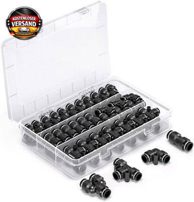 60 Stück 8Mm Schwarzes Push-To-Connect Pneumatik Fitting Kit, 15 Gerade, 15 Spli
