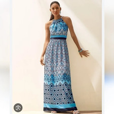 White House Black Market Size 8 Maxi Dress Blue White Diamond Halter Metal Neck