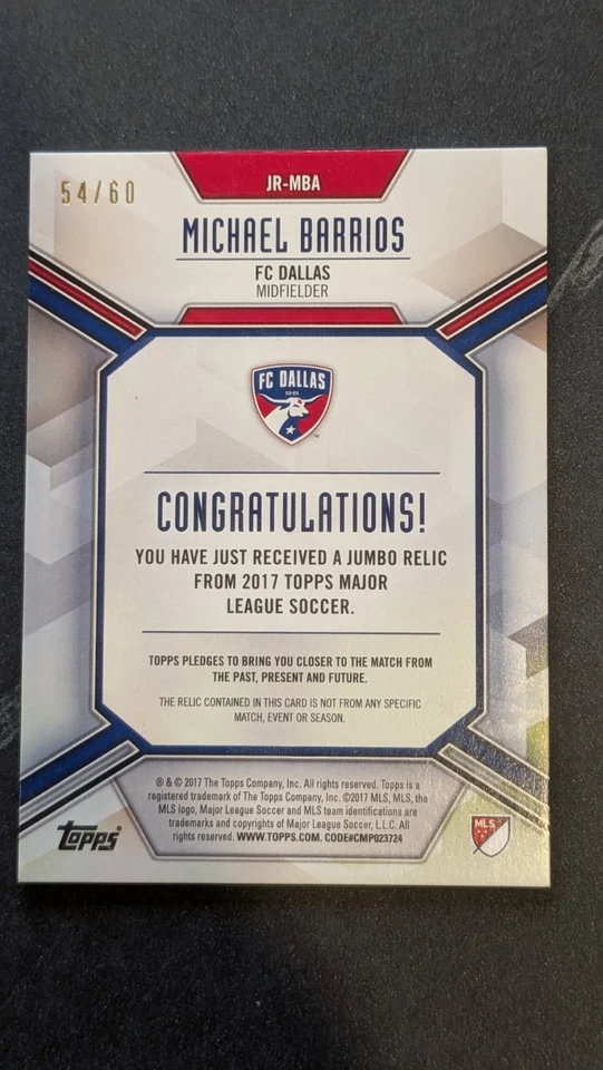 2017 Topps MLS Jumbo Relic #JR-MBA Michael Barrios FC Dallas /60 - Image 4 of 4