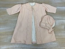 Vintage 50s-60s Quilted Pink  Lace Details Satin Baby Gown Jacket w/ Bonnet Set