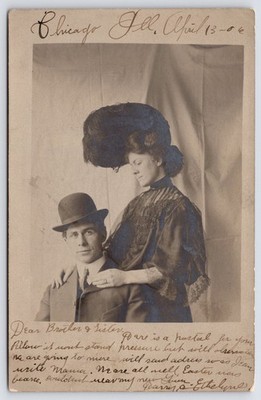Chicago~Ethelyne & Harry Schaub~Plume Picture Hat~Wedding Ring~Studio Drape RPPC