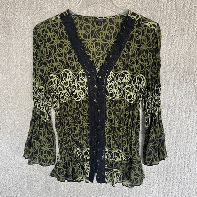 Piano Blouse Women s Size L Green Circle Pleated Flutter Sleeve Boho Artsy