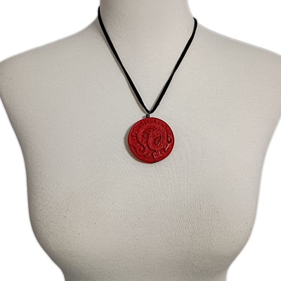 Red Carved Stone Vintage Asian Medallion Pendant Disc Necklace Dragon Satin Cord