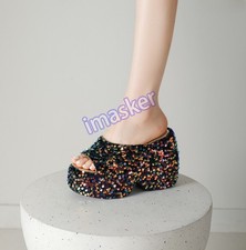 Womens Platform High Wedge Heel Open Toe Sequins Casual Slip on Sandals Shoes