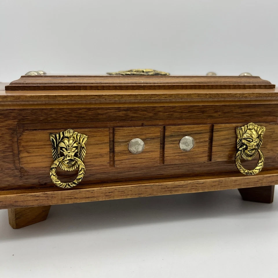 Vintage Wooden Jewelry Box with Mirror Lion Head Pulls Decorative Accents - Image 4 of 4