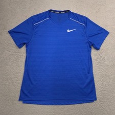 Nike Miler Dri Fit UV Running Shirt Mens L Blue Short Sleeve Reflective Swoosh